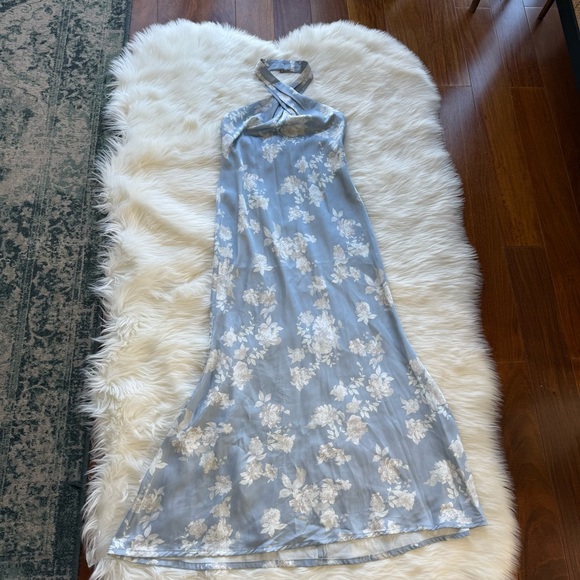 BHLDN Ruby Twist Halter Satin Gown Blue Floral - Size 4 - Picture 7 of 10